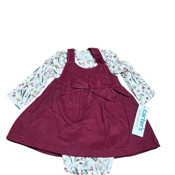 Carters 2-piece dress set size 3 mth long sleeve floral top and maroon jumper - Picture 1 of 4
